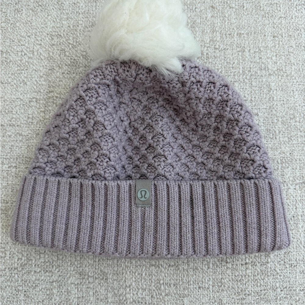 lululemon Pom to Play lavender knit beanie with cream pom